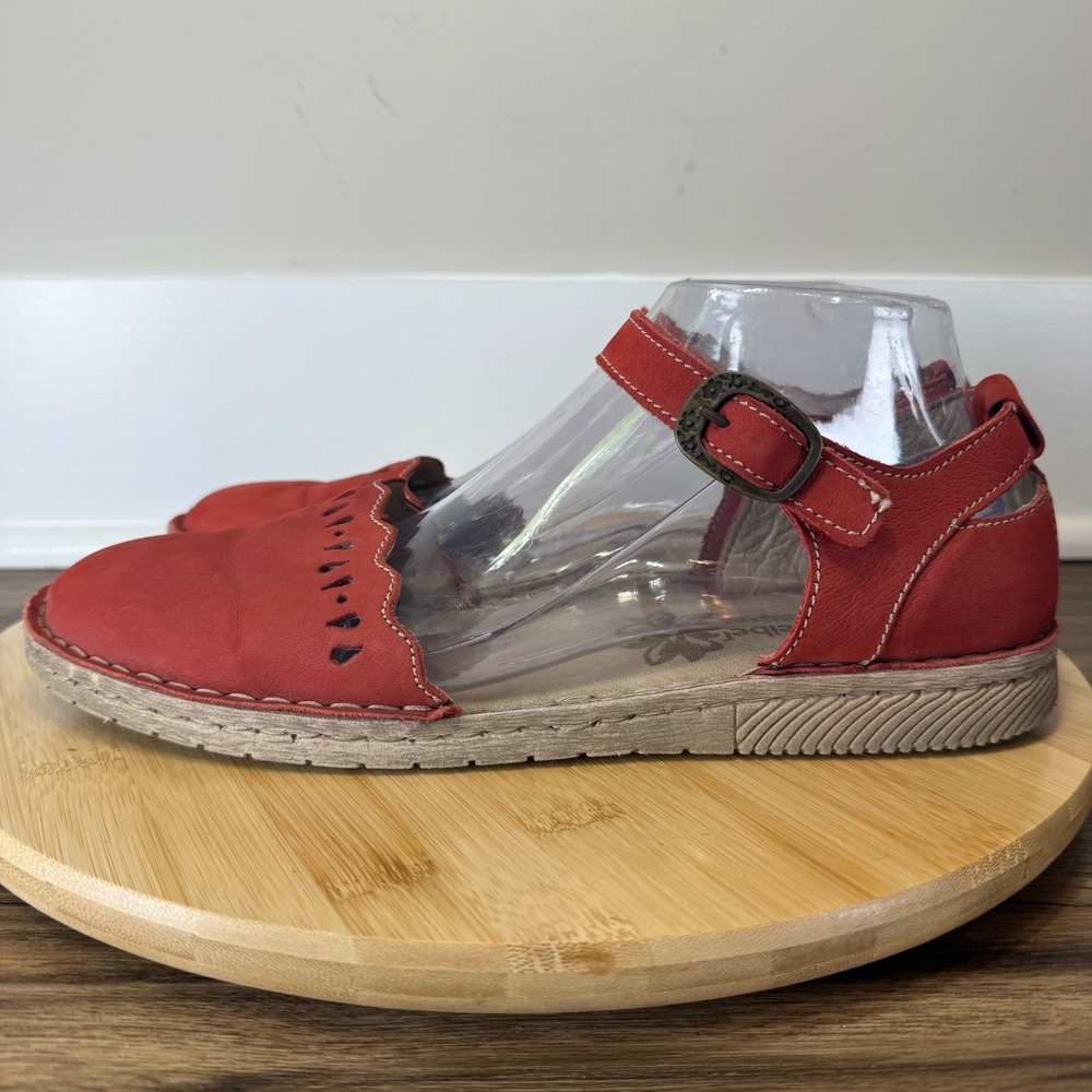 Good Josef Seibel Rosalie 13 Red Leather Flats Womens 41 Good Laser Cut Buckle - Picture 3 of 8